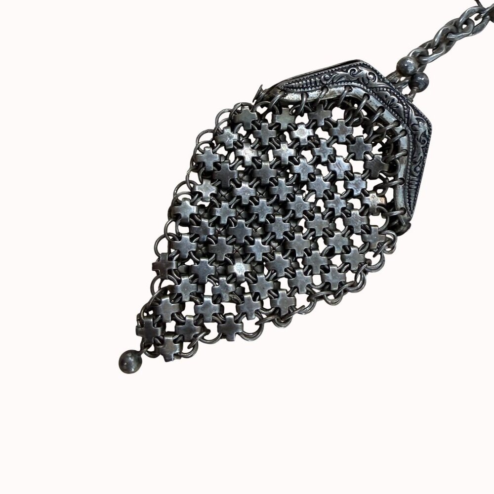 Antique Silver Mesh Chatelaine Coin Purse Keychain - image 2